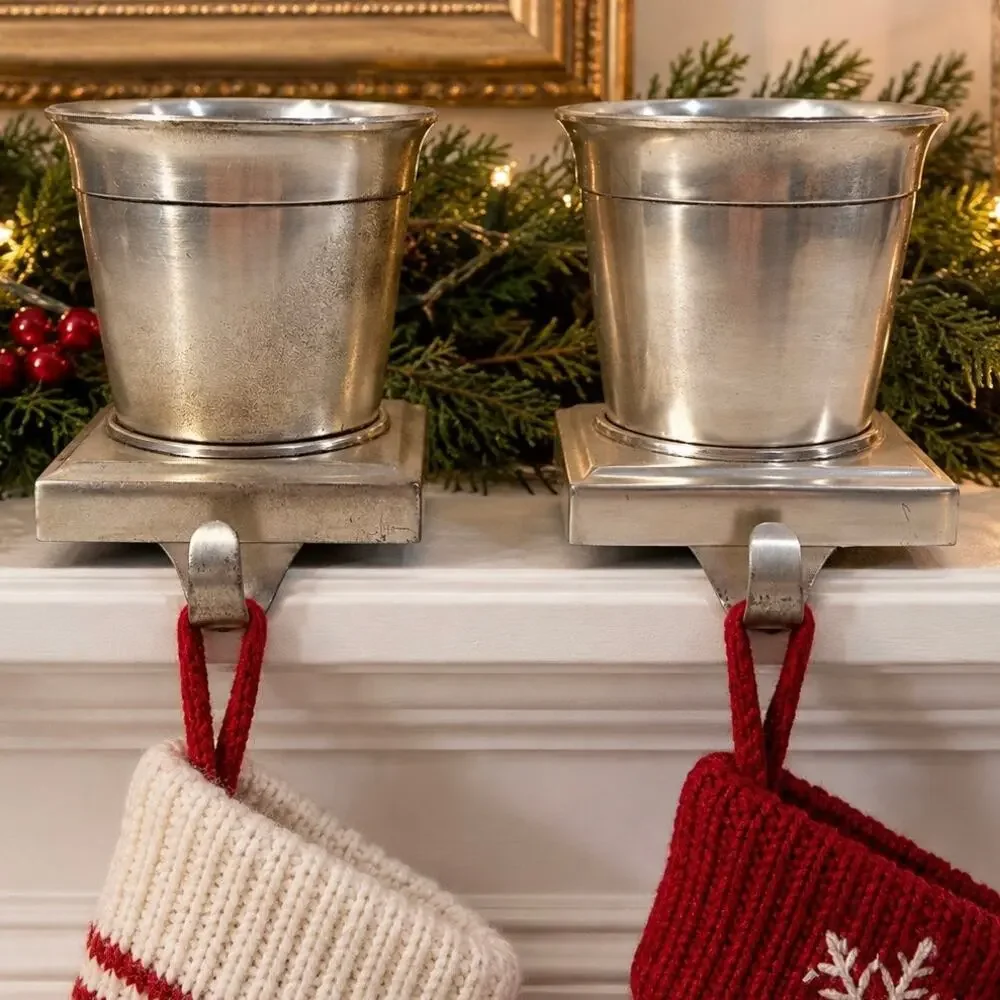 Restoration Hardware Silver Cachepot Holiday Topiary Base Stocking Holder Hook 2